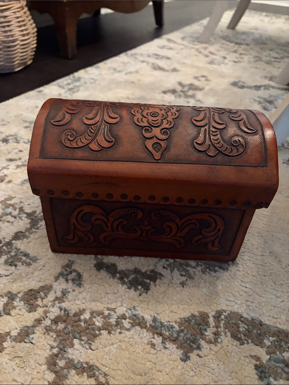Tooled Leather Trinket Box - Warm Brown